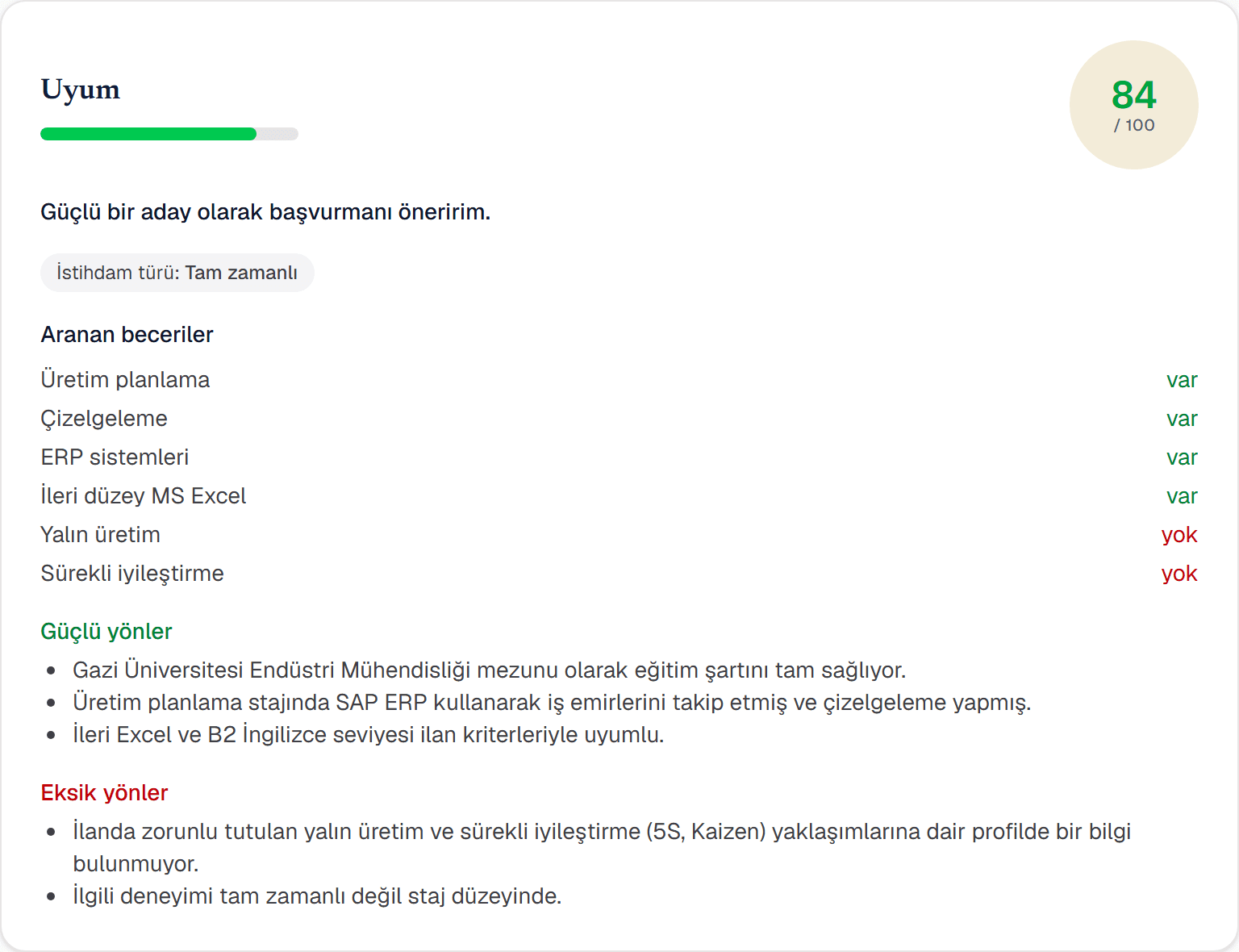 Analiz ekranı: 84/100 uyum puanı, aranan becerilerin karşılanma durumu, güçlü ve eksik yönler