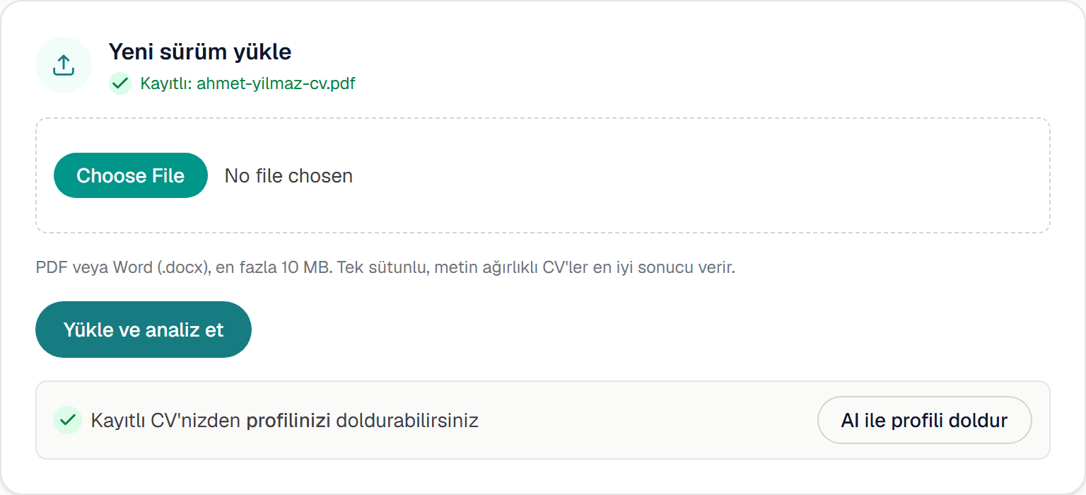 CV yükleme ekranı: kayıtlı dosya onayı ve yapay zekâ ile profil doldurma düğmesi