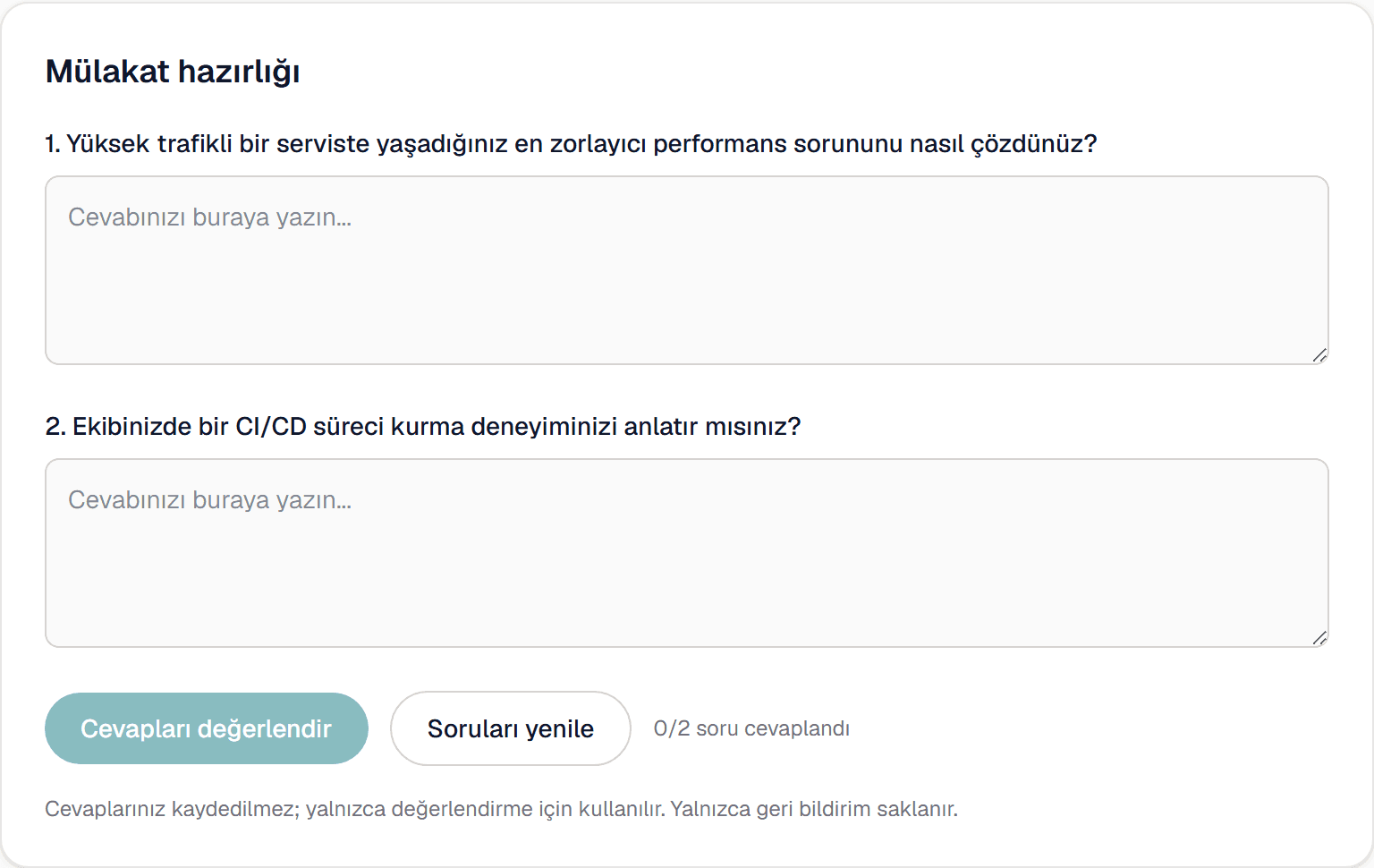 Mülakat hazırlığı ekranı: ilana özel sorular ve cevap kutuları