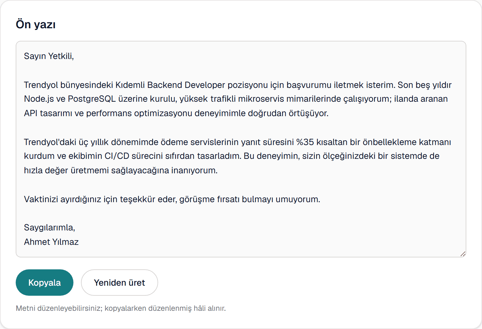 Üretilmiş ön yazı metni ve kopyalama düğmesi